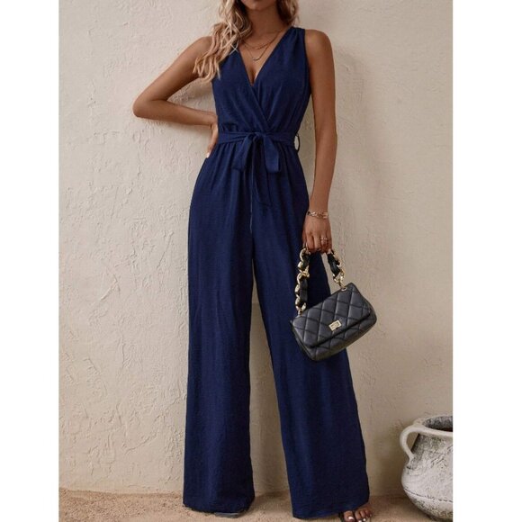 V neck jumpsuit boho black sleeveless tank tie waist belt